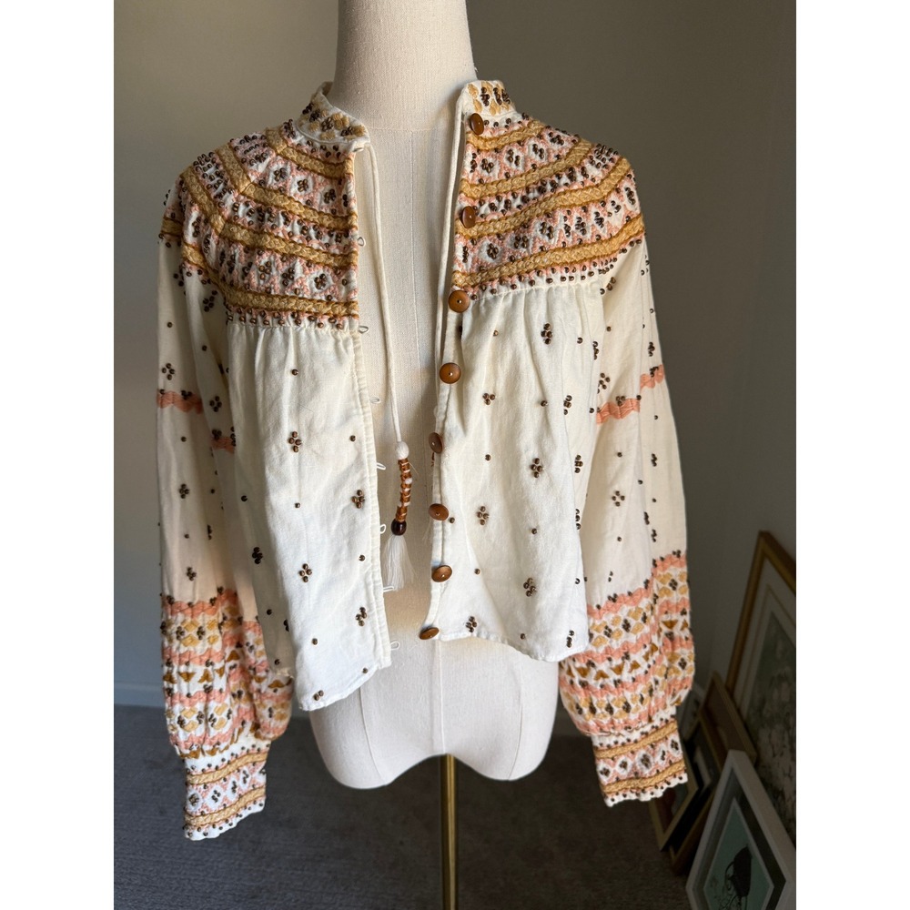 Veronica Beard Fernanda Beaded‎ Embroidered Linen Blend Jacket Bohemian Small